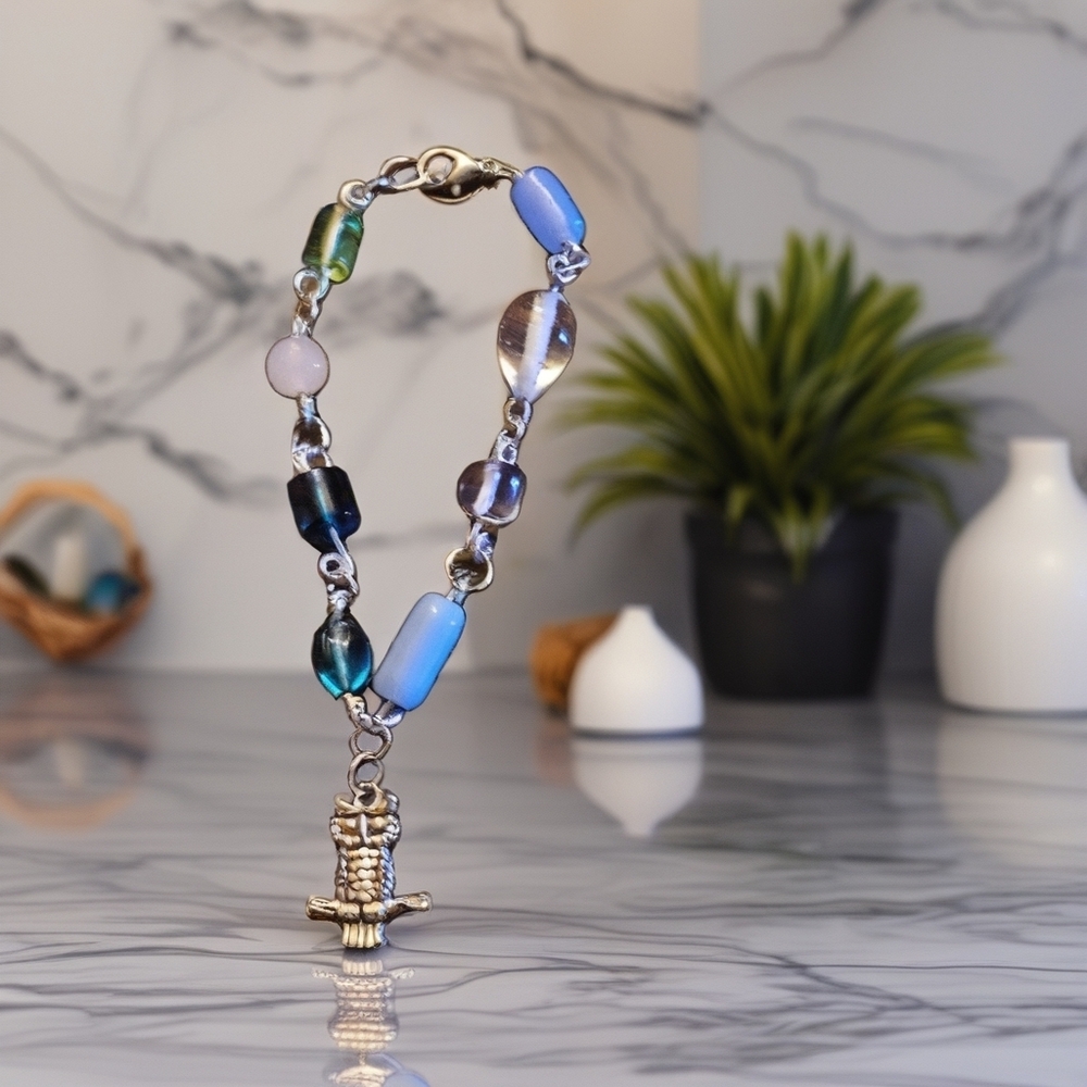 Handcrafted 4.5" Glass Owl Beaded Bracelet WChic Blue and Silver Beaded Bracelet